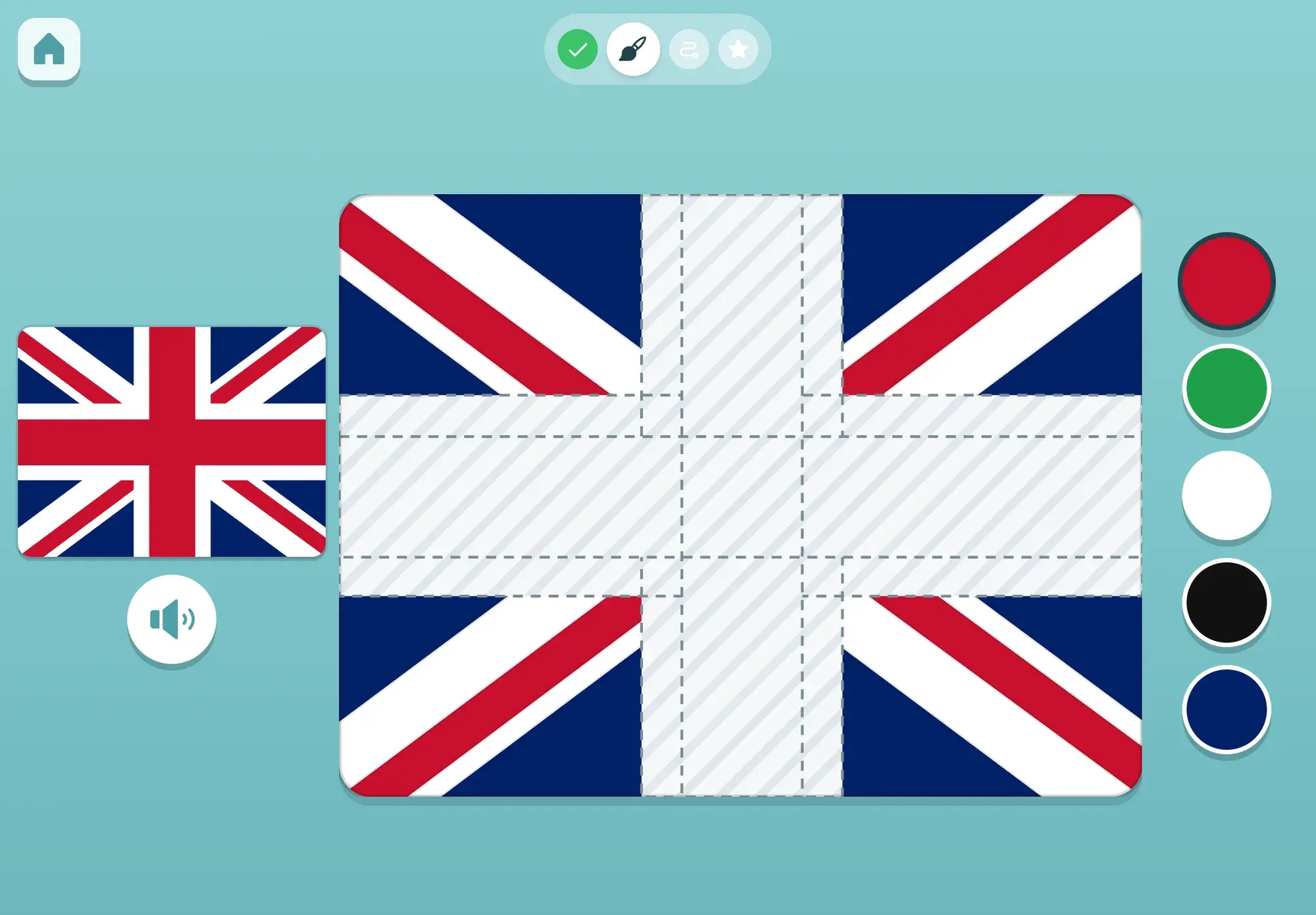 A half-painted Union Jack: the blue and the diagonal stripes are done, the red and white cross is still to fill, with the real flag and five paint pots beside it