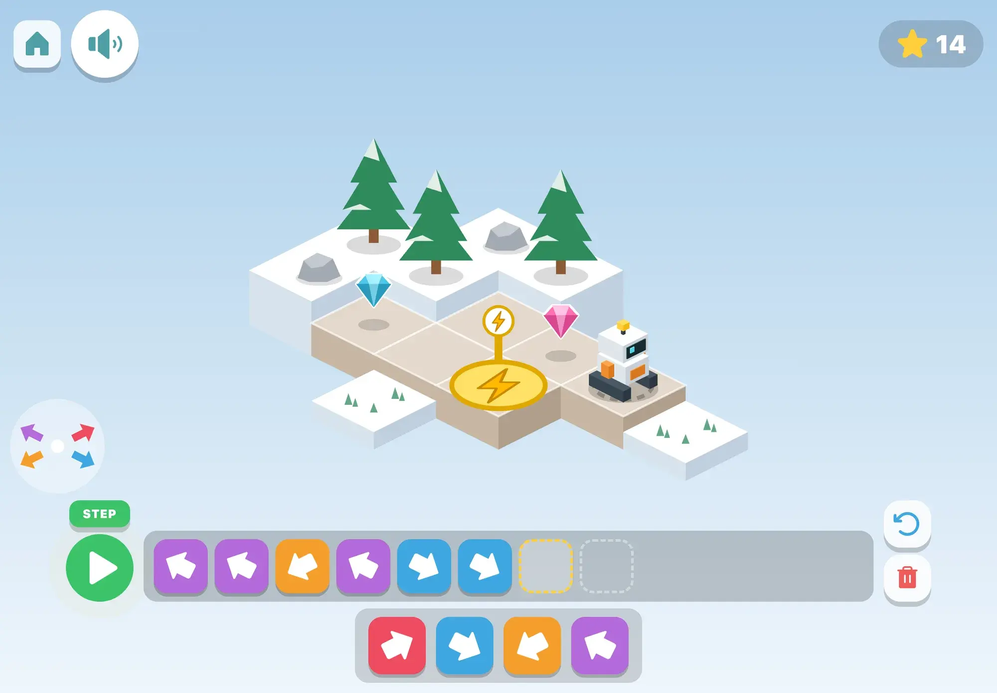 Beep the robot waits on a snowy island beside a blue gem and a pink gem, with six arrow blocks lined up in the program strip